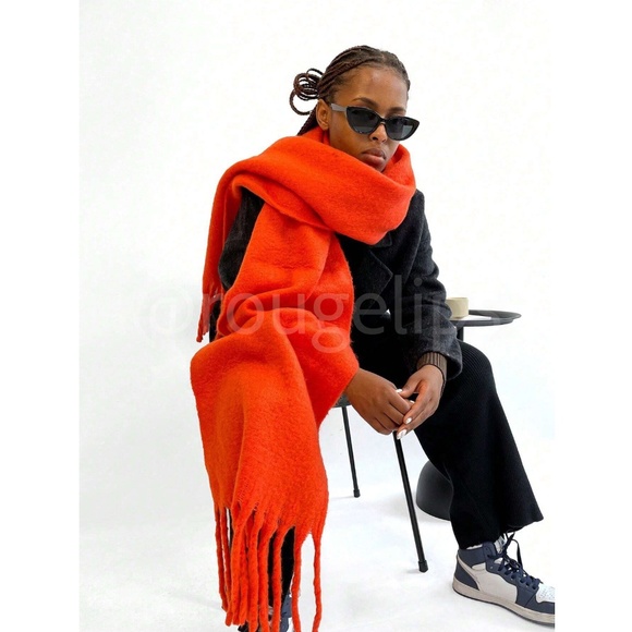 Orange Wide Shawl Scarf With Tassels Fuzzy Knit - Picture 1 of 4